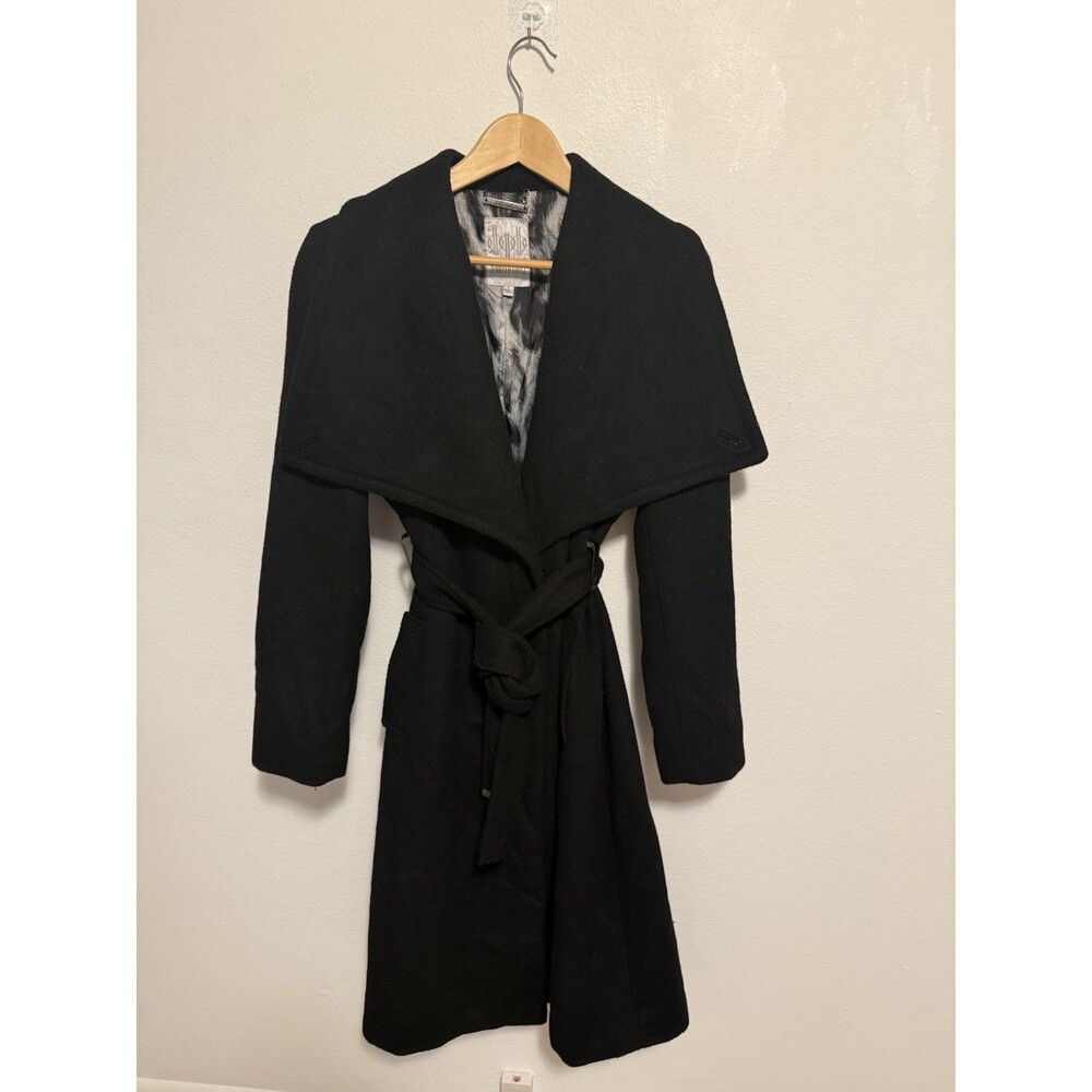 Jennifer Lopez Black Wool Blend Belted Wrap Coat Jacket Animal Lining Size Large